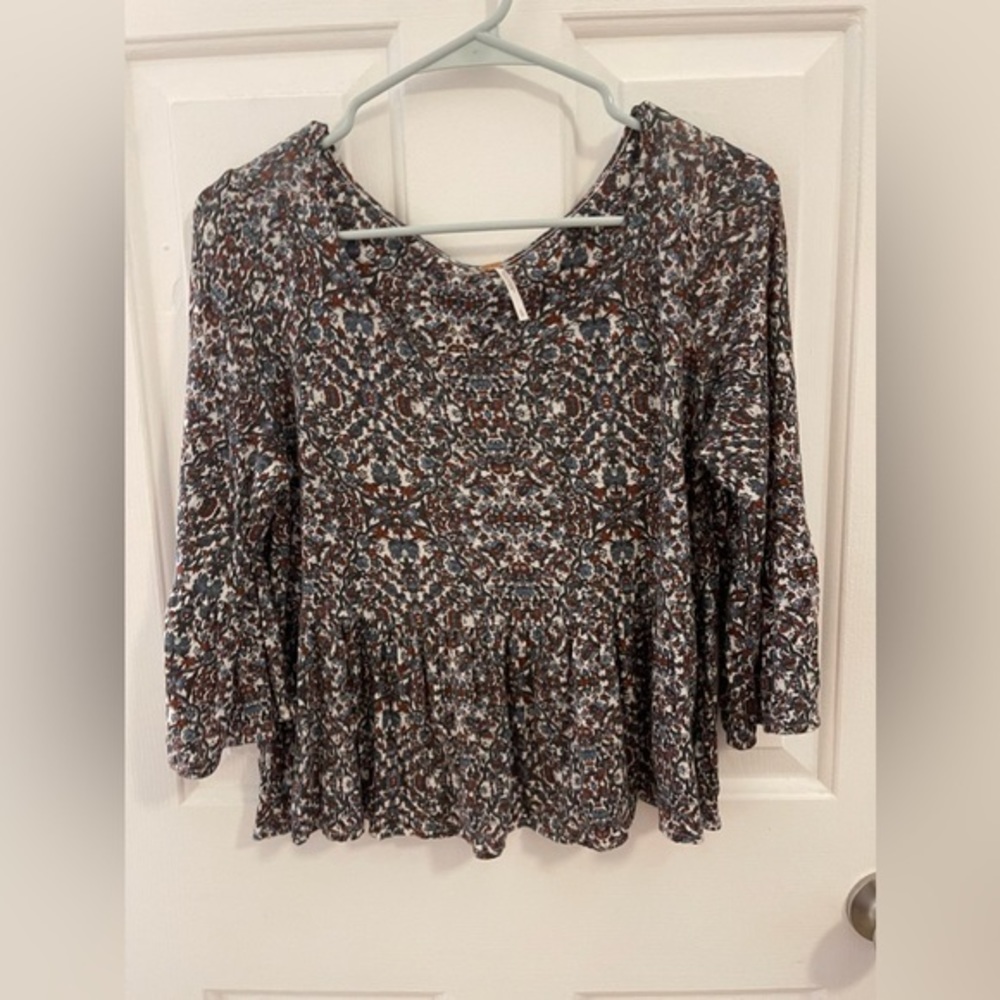 Free People Patterned Blue and Cream Bell Sleeve Blouse